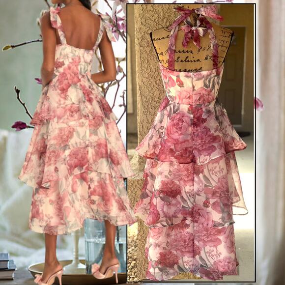 Lulus Blush Floral Organza Tie-Strap Tiered Playfully Posh Midi Dress SIze L - Picture 3 of 13